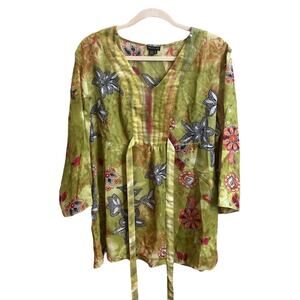 Piano Top Womens Sz S Artsy Floral Multicolor Blouse Empire Tie Waist Semi Sheer